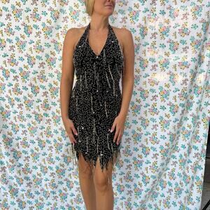 Vintage 90s nite line silk beaded halter dress size 6